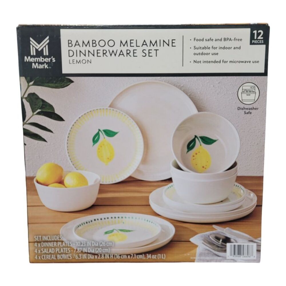 Lemon - Member's Mark 12-Piece Bamboo Melamine Indoor/Outdoor Dinnerware Set, Le